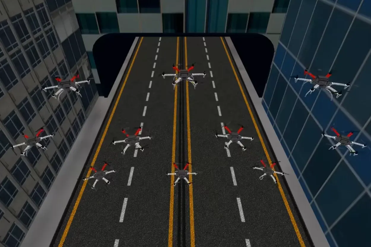 Simulation of drones flying in the city