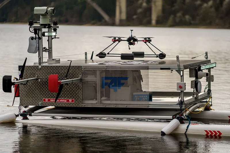 F4F autonomous waterproof drone landing on a boat