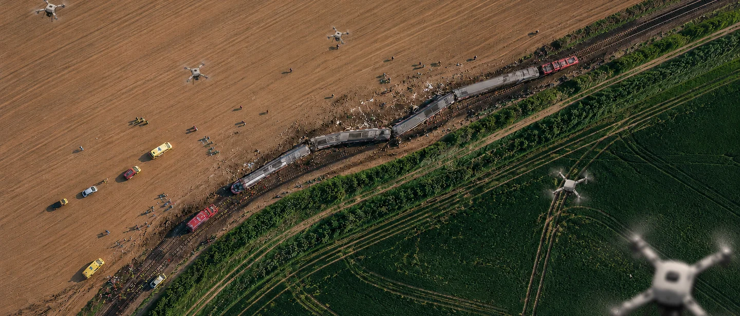 Aerial view of a rail incident surveyed by drones