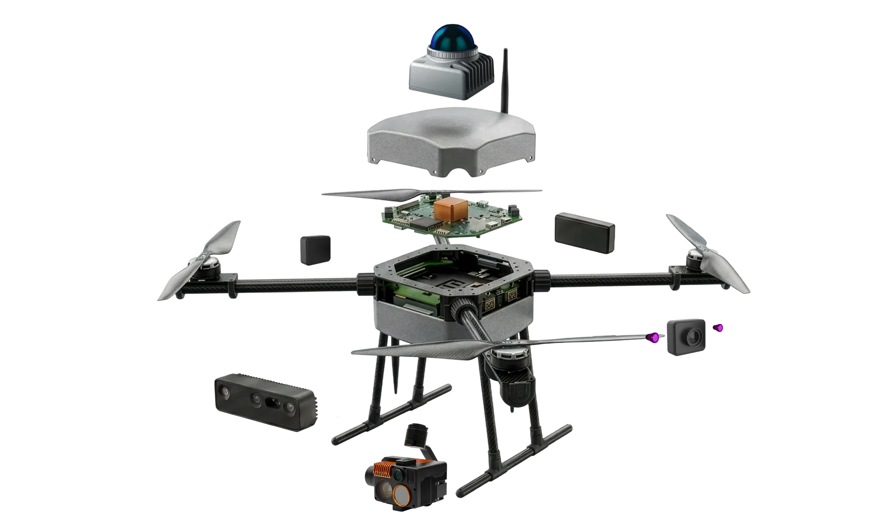 Exploded view of the RoboCore airframe with its sensor modules