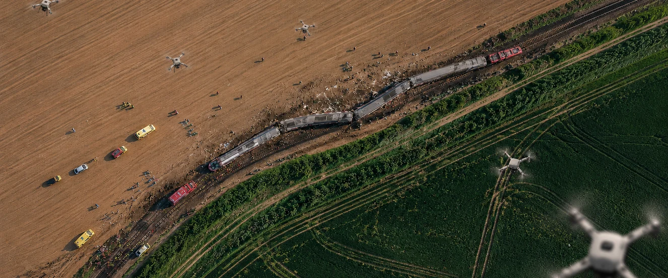 Drone swarm surveying a derailed train