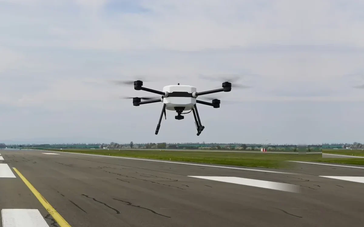 RoboCore hovering above a runway